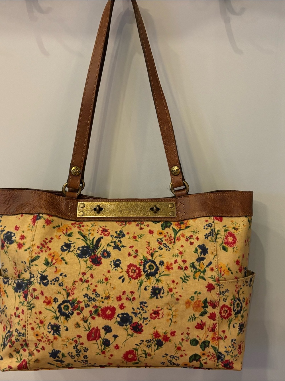 Patricia Nash Cream Floral Canvas Tote with Brown Leather Trim